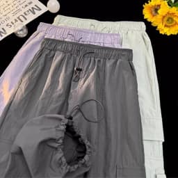 Women's New Loose Drawstring Parachute Pants Harajuku Big Pockets Cargo Pants Summer 2025 Fashion High Waist Wide-Leg Trousers