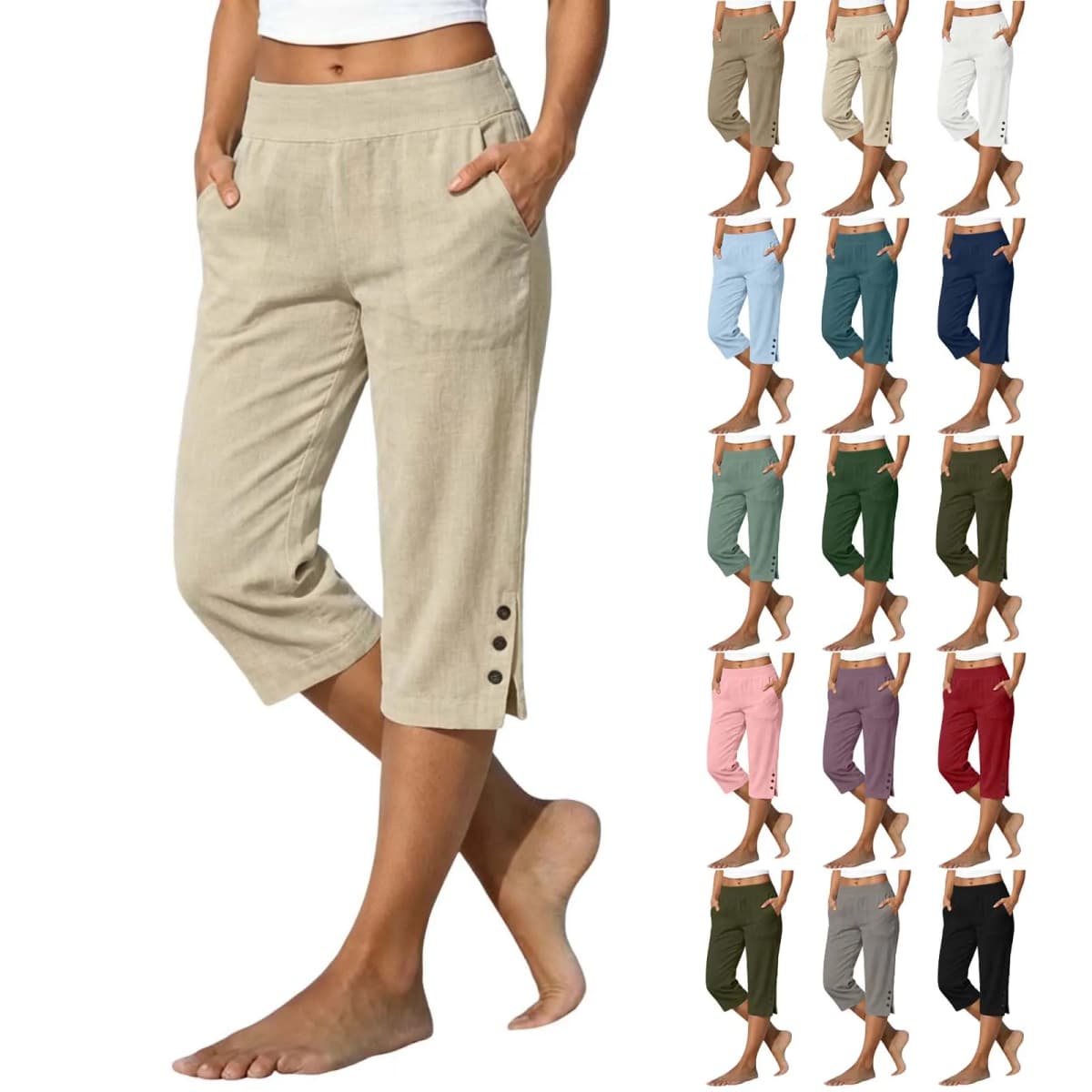 Women Summer Casual Vacation Capri Pants Elastic Straight Leg Split Slits Casual Pants With Pockets