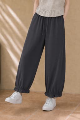 XIAOGULI 150-160cm Petite Women Pants Ankle Length Lantern Jogger Pants Elastic High Waist Wide Leg Lengthening Trousers