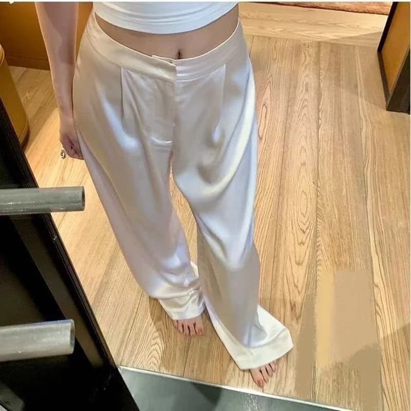 High Waist Satin Wide Leg Pants White Black Pants Women Summer Thin Loose Casual Pants Fashion Solid All-match Straight Trousers