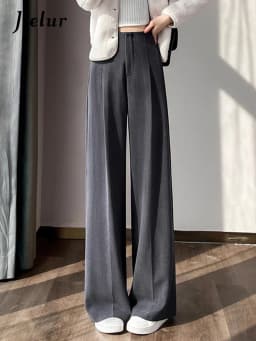 Jielur Loose Pure Color High Waist Slim Women Pants Straight Casual Winter Simple Office Ladies Fashion Female Wide Leg Pants