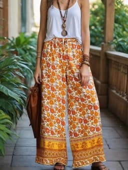 Boho Queens Women Wild Floral Print Bohemian Wide Leg Pant Ladies Mid Waist Loose Rayon Vacation Boho Pants Oversize Trousers