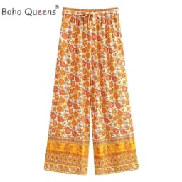 Boho Queens Women Wild Floral Print Bohemian Wide Leg Pant Ladies Mid Waist Loose Rayon Vacation Boho Pants Oversize Trousers
