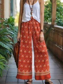 Boho Queens Women Wild Floral Print Bohemian Wide Leg Pant Ladies Mid Waist Loose Rayon Vacation Boho Pants Oversize Trousers