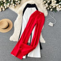Spring Summer Vintage Long Pants Women Korean Style Chic High Waisted Office OL Flared Pants Solid Color Pleated Split Pants