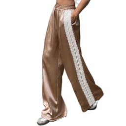 hirigin Women Satin Silk Lace Trim Pants Y2k High Street Elastic Waist Wide Leg Pj Lounge Boxer Bottoms Trendy Causal Trousers