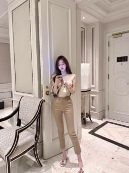 High Waist Elastic Khaki Slimming Straight Leg Casual Pants Korean Style Commute Simple Pure Color Nine Points Leisure Trousers