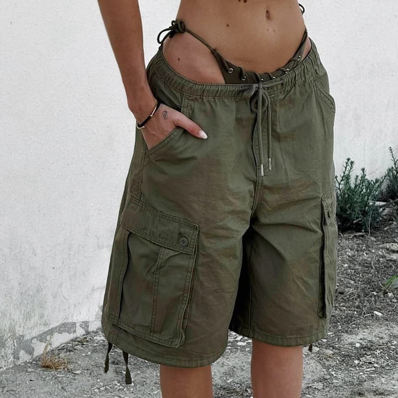 Y2K Harajuku Drawstring Jean Shorts Womens Vintage Elastic Waist Baggy Cargo Denim Pants Cyber Grunge Stretch Jorts with Pockets