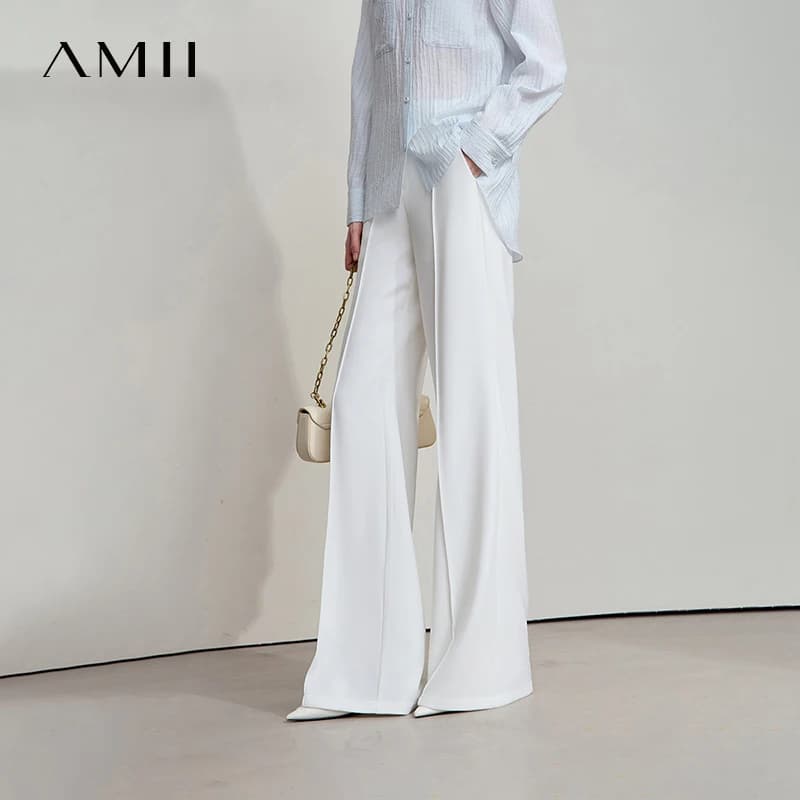AMII Minimalist Women White Pants 2026 Autumn Slim Fit Casual Trousers Office Lady Tat Anti-wrinkle Flared Pants Daily 12523127