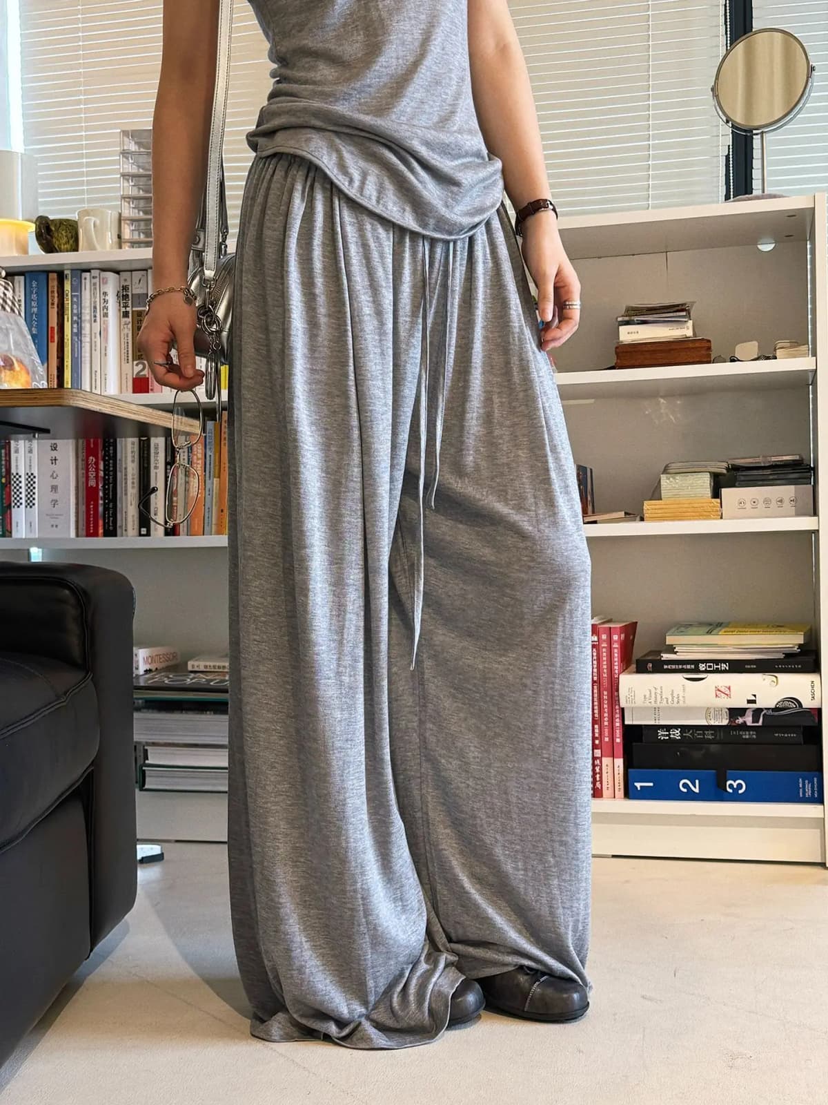 2026 Wool Blending Material Women Casual High Waist Lace-Up Waist Long Pants Fashion Wide Leg Pants Women Clothes Trousers