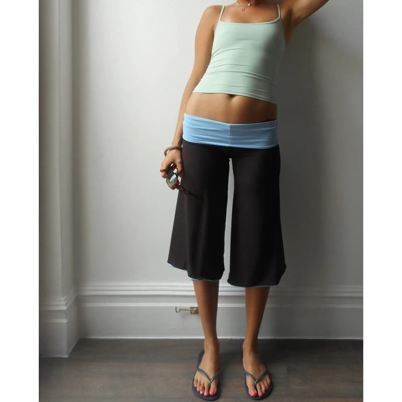 Combhasaki Women Y2k Capri Pants Fold Over Waistband Elastic Low Rise Contrast Color Wide Leg Loose Cropped Loungewear Trousers
