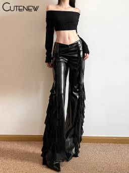 Cutenew Pu Leather Casual Pants Women 2024 New Mesh Patchwork High Waist Concise Flare Trousers Female Sporty All-matched Bottom