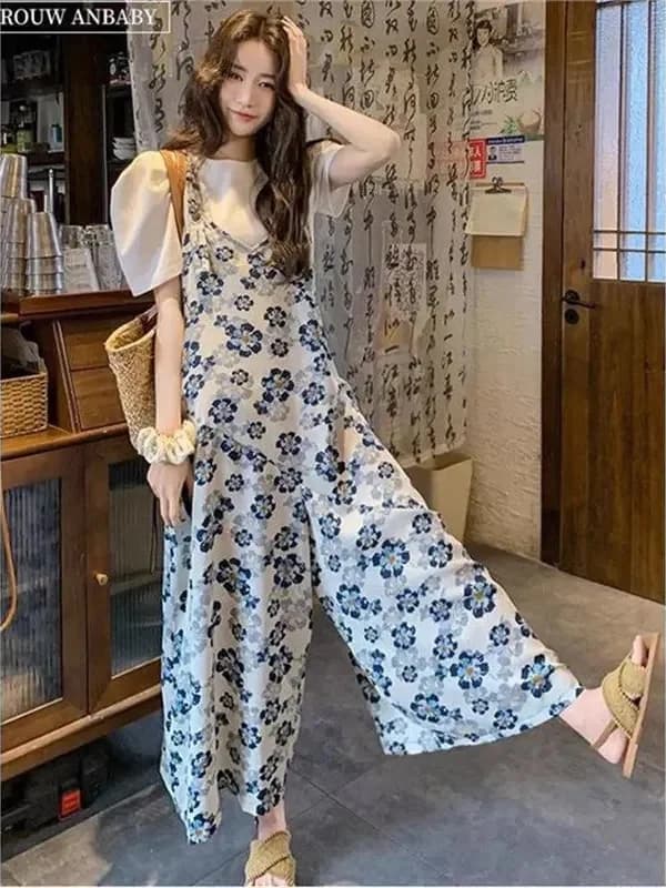 Fashionable Lightweight Summer Floral Wide Leg Strap Pants Women's High Waist Straight Cut Suit Korean Style Lazy Wind