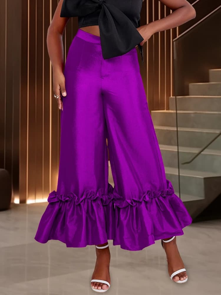Women Pants High Waist Loose Elegant Shiny Flare Pleated Wide Leg Trendy Long Capris Cocktail Party Bottoms Trim Trousers