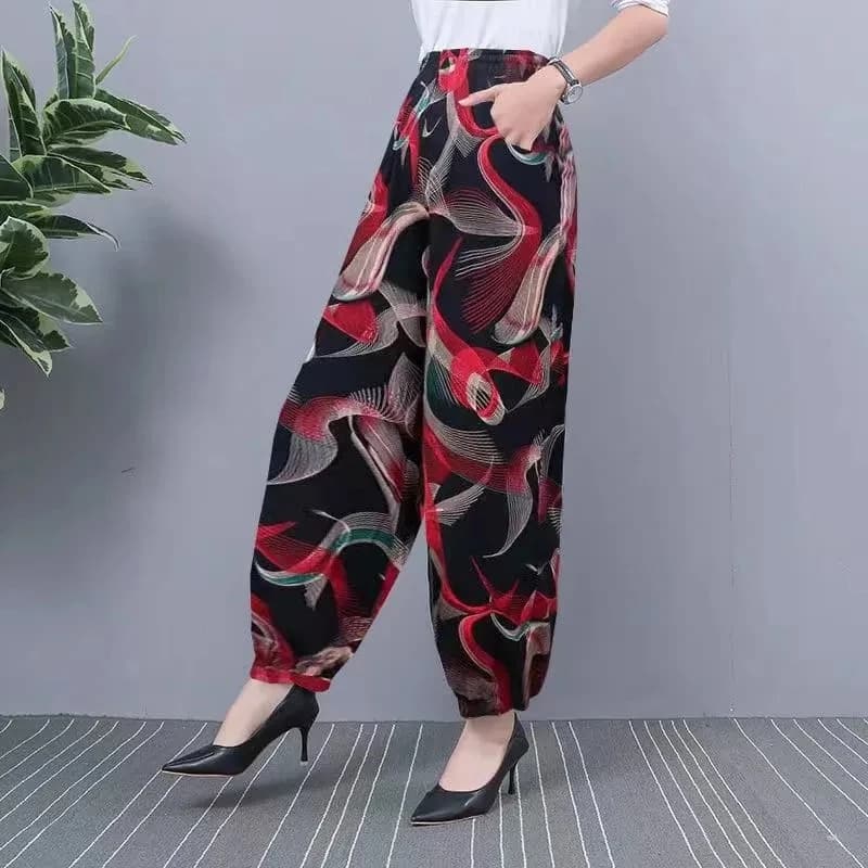 2024 NEW Ice Silk Pants Women Summer Elastic High Waist Thin Harem Pants Fashion Printed Casual Wide Leg Pants Female Trousers