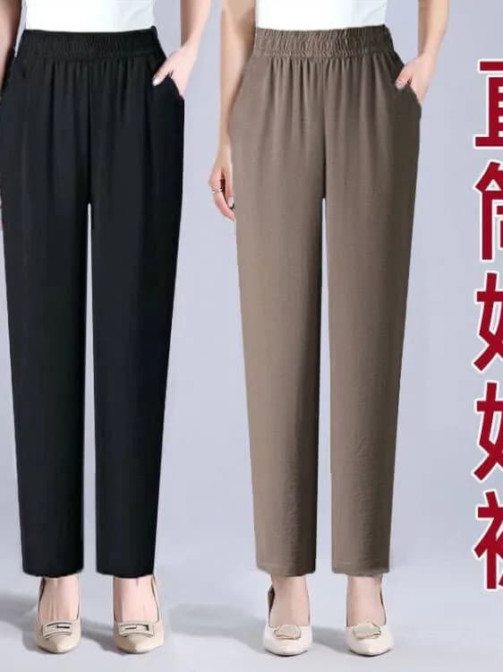 Ice Silk Hemp Mom Straight Leg Pants Summer New Loose Slim High Waist Elastic Waist Casual Versatile Thinming Thinning Pants