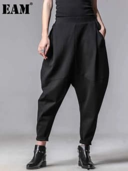 EAM 2026 New Autumn High Elastic Waist Loose Spliced Pleated Harem Pants Women Trousers Fashion Tide All-match JY916