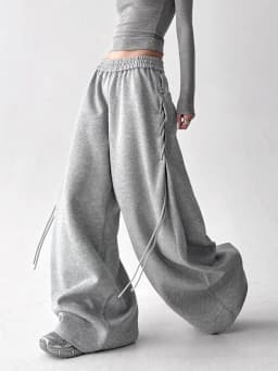 Retro American Gray Wide Leg Pants Women Lace Up Design Loose Hip Hop Trousers Vintage High Waist Spring Streetwear Female Pant