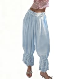 Xingqing y2k Coquette Pants Women Fashion Solid Color Ruffle Elastic Low Waist Wide Leg Loose Trousers with Lace Trim Streetwear