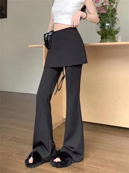 Black High Waist Slim Fit Pants Women's Summer Thin Belted Fake Two-Piece Design Commute Hoof Micro Flared Straight Leg Trousers