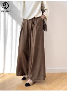 Birdtree 28M 100% Real Spun Silk Solid Pants,Women Jacquard Elastic Waist Autumn French Style Wide Leg Pant With Pocket P58002JF