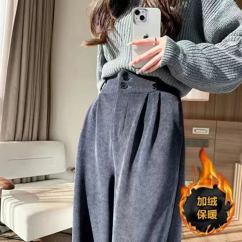 Korean Fashion 2025 Women's Pants Winter Plus Velvet Wide Leg Pants Casual Woman Pant High Waist Straight Women Loose Trousers