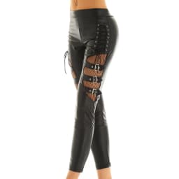 Women Pants Wet Look Faux Leather Mid Waist Fishnet Splice Thigh with Buckles Decoration Side Lace Up Stretchy Legging Trousers