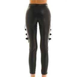 Women Pants Wet Look Faux Leather Mid Waist Fishnet Splice Thigh with Buckles Decoration Side Lace Up Stretchy Legging Trousers