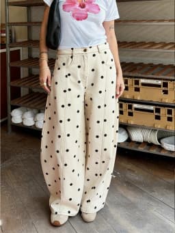 Women's Y2k Polka Dot Barrel Jeans Coquette High Waisted Baggy Cute Denim Pants Teen Girls Streetwear