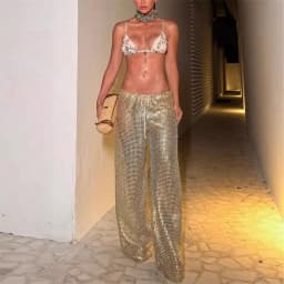 Luxury Gold Sequin Wide Leg Pants Women Elegant Drawstring Waist Loose Glitter Trousers Formal Party Cocktail Night Out Pants