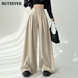 BGTEEVER Stylish Lace-up High Waist Floor-Length Suit Pants Women Spring Summer Loose Pockets Wide Leg Trousers Women