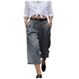 Women's High Waist Pleated Linen Culottes Wide Leg Cropped Trousers With Pockets Casual Office Lady Loose Fit Straight Leg Pants