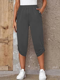 Women's Elastic Waist Crop Sweatpants Loose Fit Casual Summer Capris with Pockets Roll-Up Bottoms S-3XL