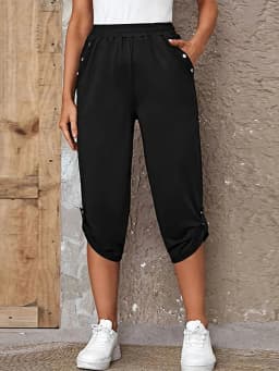 Women's Elastic Waist Crop Sweatpants Loose Fit Casual Summer Capris with Pockets Roll-Up Bottoms S-3XL