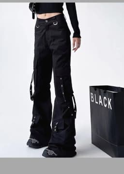 Black Gothic Cargo Flare Pants Women Vintage Harajuku Y2k 90s Retro High Waist Wide Leg Trousers Streetwear 2000s Pantalones