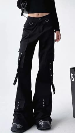Black Gothic Cargo Flare Pants Women Vintage Harajuku Y2k 90s Retro High Waist Wide Leg Trousers Streetwear 2000s Pantalones
