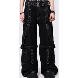 Combhasaki Women Y2K Vintage Cargo Long Pants with Multi Pockets Chain Buckle Button Waist Casual Grunge Wide Leg Denim Trousers