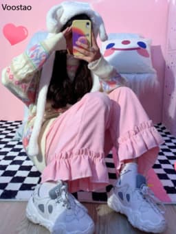 Japanese Lolita Kawaii High Waist Corduroy Pants Women Sweet Ruffles Casual Wide Leg Pants Girly Vintage Loose Cute Trousers