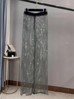 Sexy Colorful Diamonds Beaded Mesh Hollow Wide Legs Pants Fishing Net Rhinestones Trousers Sparkling Elastic Waist Pantalones