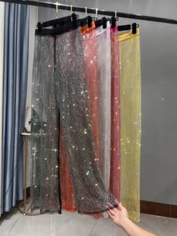 Sexy Colorful Diamonds Beaded Mesh Hollow Wide Legs Pants Fishing Net Rhinestones Trousers Sparkling Elastic Waist Pantalones