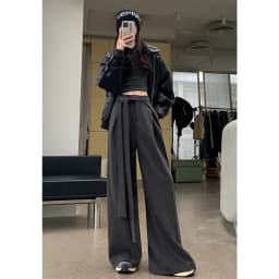 MEXZT Woolen Wide Leg Pants Women Fashion Lace Up Black Baggy Suit Pants Winter Streetwear Korean Casual Straight Trousers New