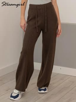 Streamgirl Brown Knitted Pants For Women Winter Spring High Waist White Straight Knitted Trousers Tall Women's Pants Wide Leg