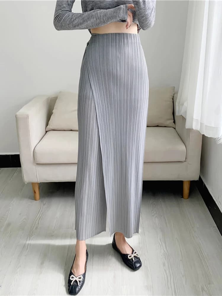 ALSEY Miyake Pleated Wide Leg Ankle-length Pants for Women Autumn New Simple Elastic Waist Solid Color Straight Female Trsouser