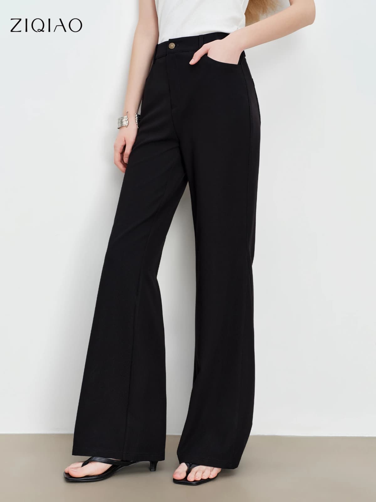 ZIQIAO Petite Women's Modern Black High-Waisted Flared Tros 2026 Spring New Arrival: Floor-Length Slightly Flared Casual Pants