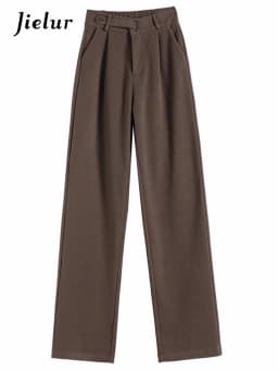 Jielur Winter Thick Loose Casual Female Wide Leg Pants Pure Color Chic Buttons Straight Slim Fashion Women Pants Black Apricot