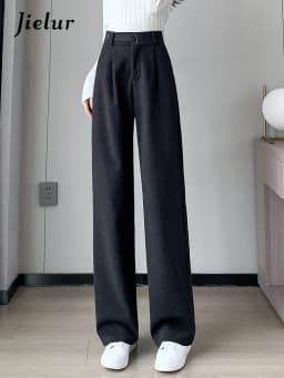 Jielur Winter Thick Loose Casual Female Wide Leg Pants Pure Color Chic Buttons Straight Slim Fashion Women Pants Black Apricot