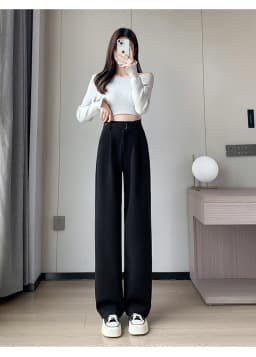 Jielur Winter Thick Loose Casual Female Wide Leg Pants Pure Color Chic Buttons Straight Slim Fashion Women Pants Black Apricot