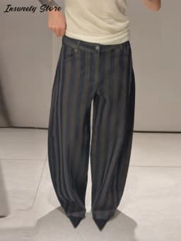 Fashion Striped Barrel Pants Women's High Waist Loose Wide Leg Button Casual Trousers 2026 Spring New Lady Comfortable Bottoms