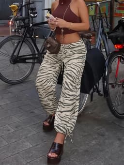 HH 2026 Vintage Women's Animal Print Wide Leg Pants With Drawstring Summer Female Hem Loose Fit Casual Mid Waist Street Trousers