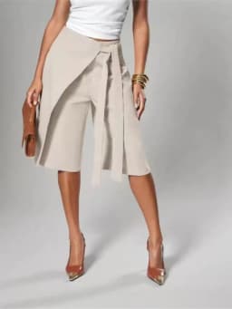 Women Solid Wrap Overlay Shorts Fashion High Waist Lace Up Asymmetrical Wide Leg Knee Length Culottes Casual Office Lady Shorts